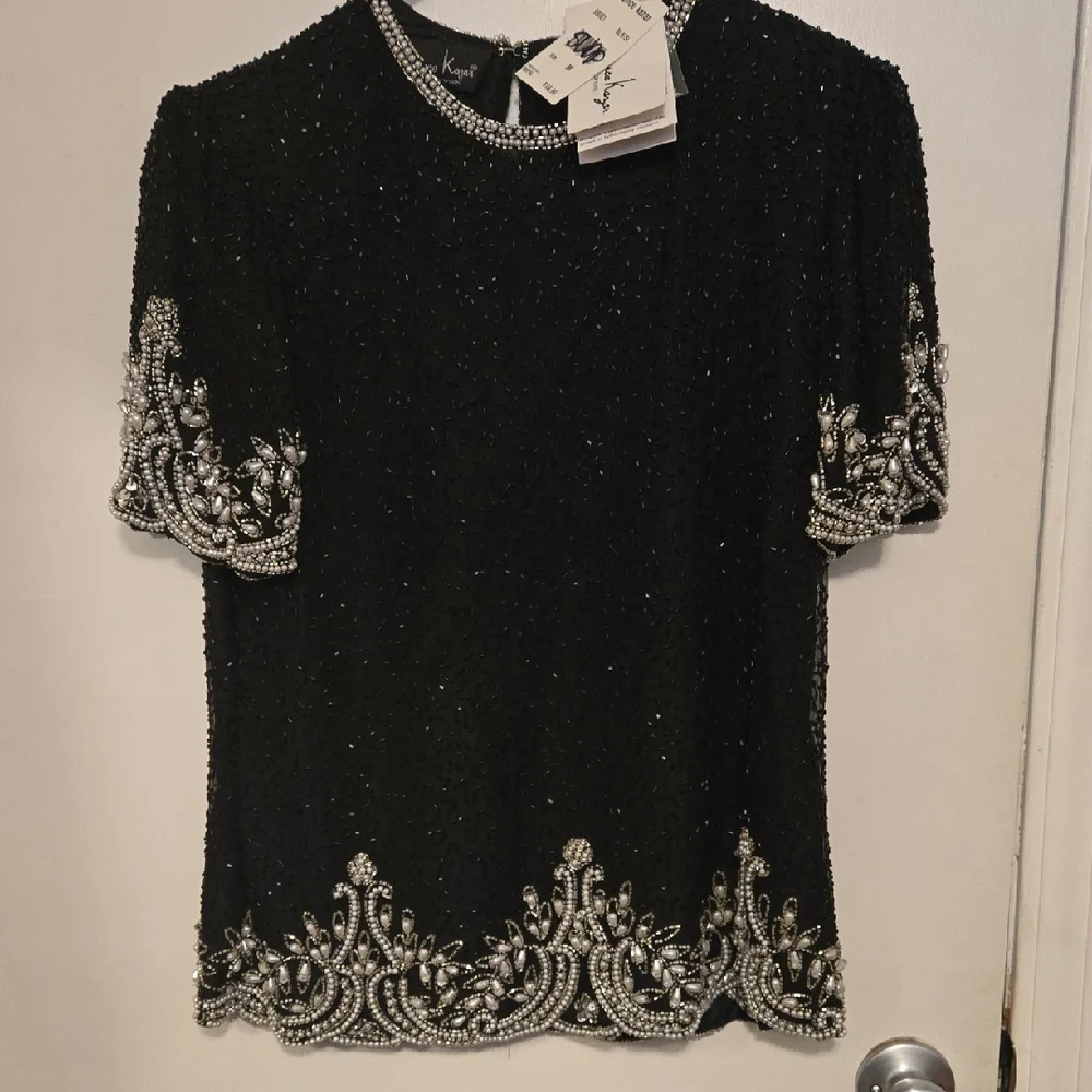 Laurence Kazar 100 Percent Silk Black and Silver Beaded Blouse Size Medium